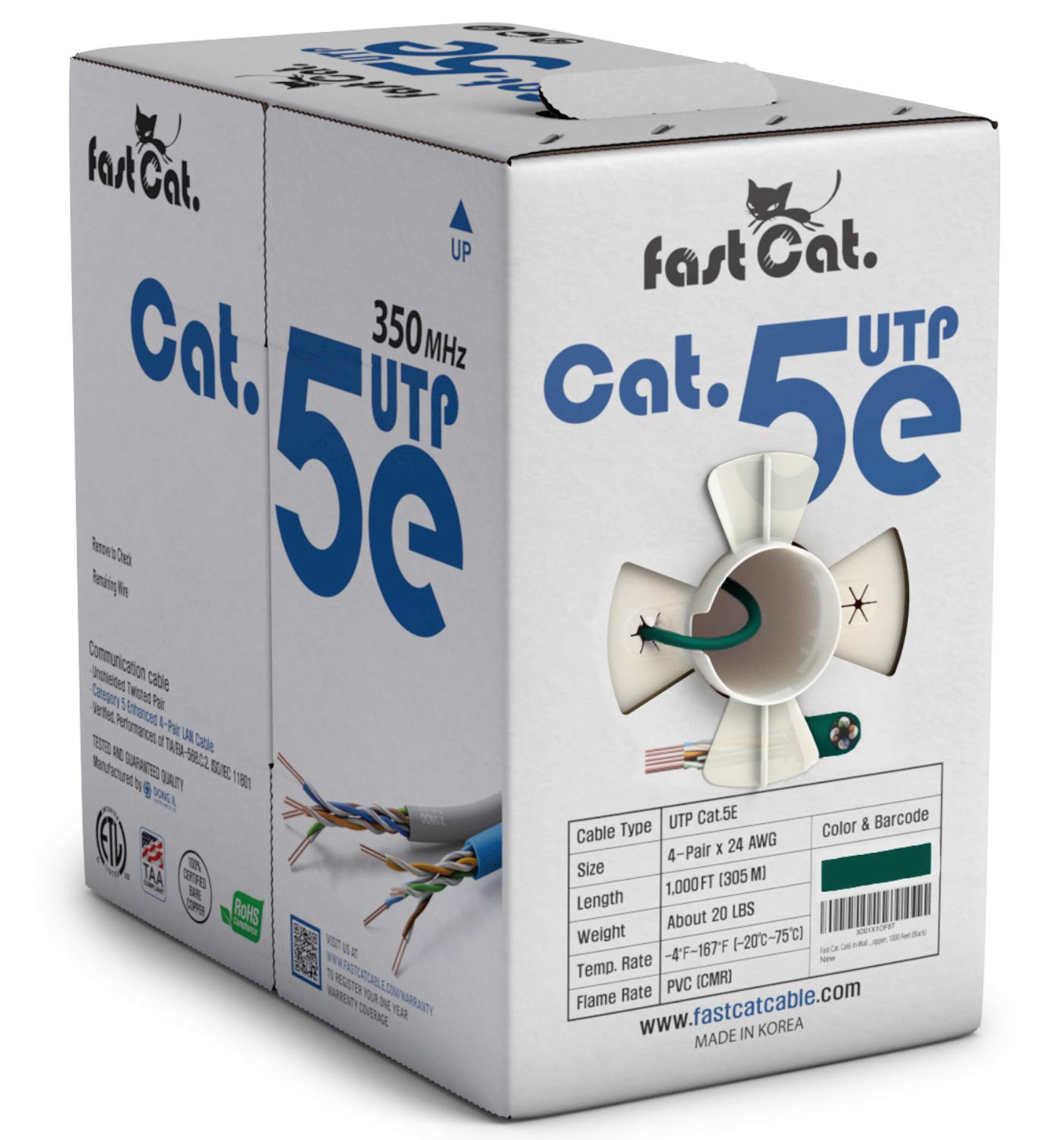 fast Cat. Cat5e Ethernet Cable 1000ft - Insulated Bare Copper Wire Internet Cable with FastReel - 350MHZ / Gigabit Speed UTP LAN Cable - CMR (Green)