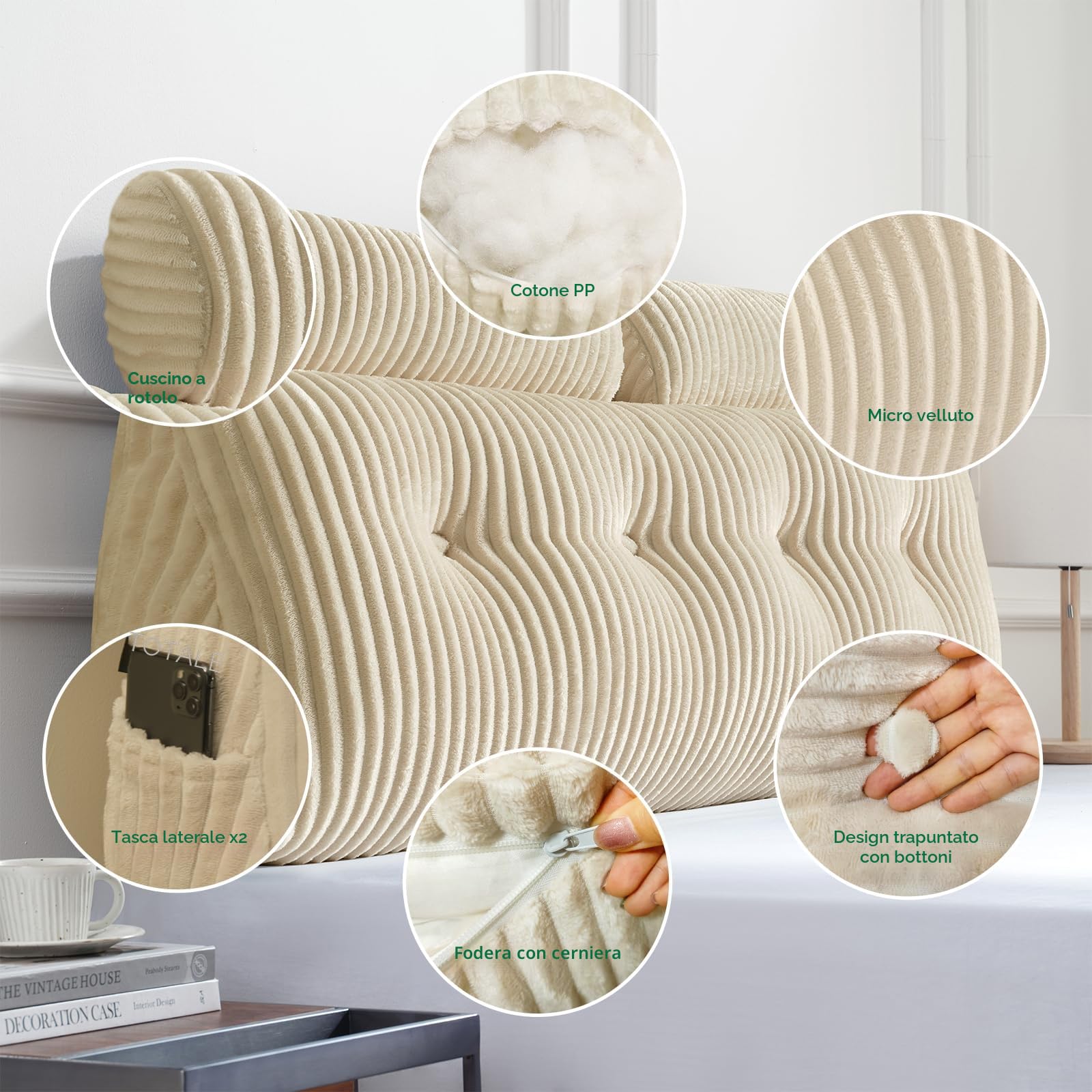 Z-hom Cuscino Schienale, Cuscino triangolare per testiera con fodera rimovibile, Cuscino da lettura per letto, cuscino schienale divano, cuscino da lettura, crema (150 x 50 x 20 cm)