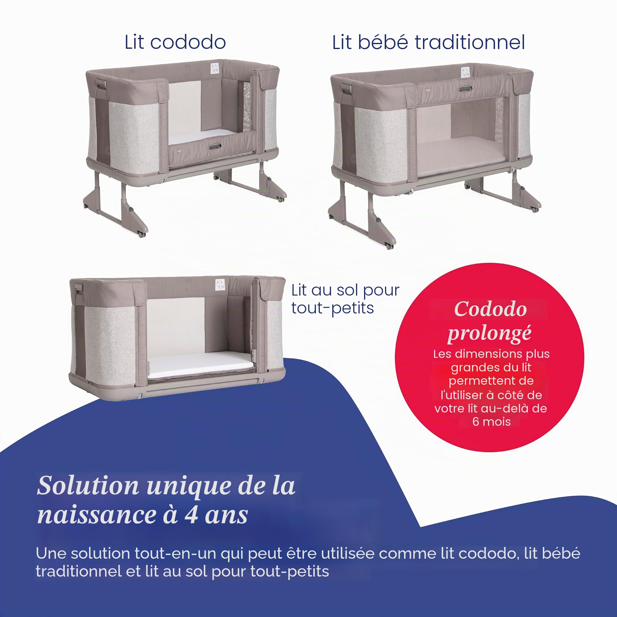 Chicco Next2Me Forever, Lit Bébé 3en1 jusqu'à 4 Ans (22 kg), Berceau avec Hauteur Réglable et Matelas Inclus