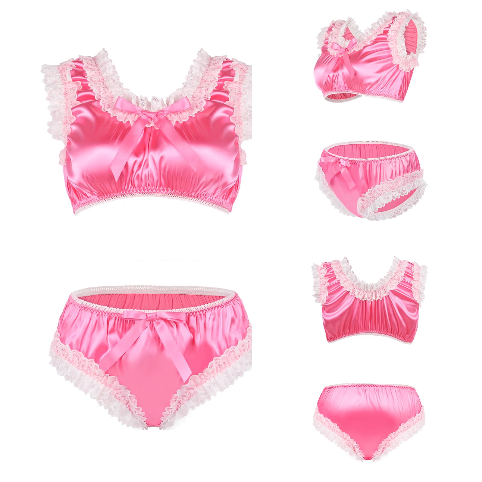 LittleForBig Ensemble Bralette Sissy Unisex Pullover en Satin Soyeux Brillant à Volants en Dentelle - Crop Top et Short Lingerie Tenue de Détente