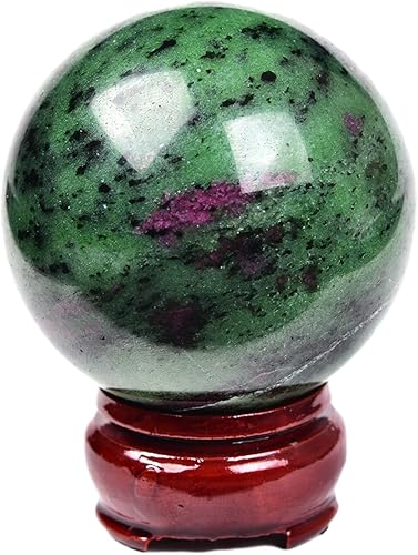 JIC Gem Esferas de cristal de cuarzo natural de zoisita y rubí con soporte de madera, orbes decorativos de tesoro rojo y verde, esfera de cristal de