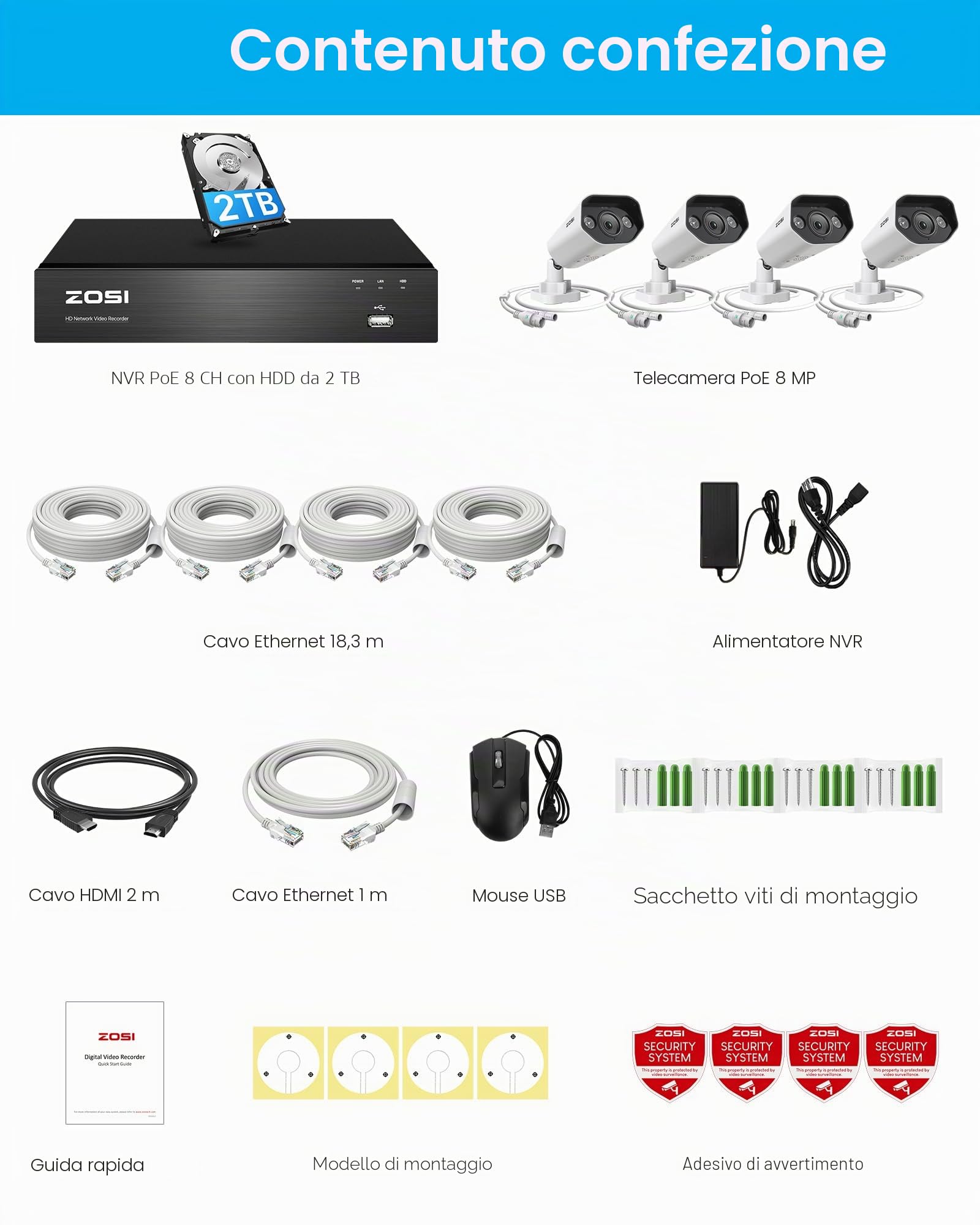 ZOSI 4K PoE Kit Videosorveglianza Esterno, 4K 8CH NVR 2TB + 4x 8MP Telecamera PoE, Visione Notturna a Colori, Rilevamento di Uomo/Veicolo, Impermeabile IP66, Registrazione 24/7, C182