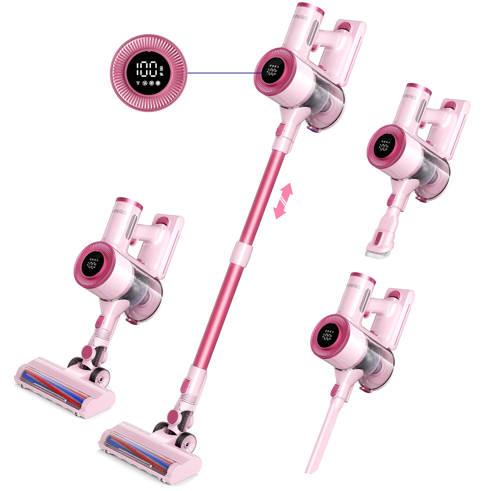Homeika- Pro Version- 28k PA Cordless Vacuum- Digital Display- 50 Min Run Time- 3 Speeds- Telescopic – 300 Watts- Brushless Motor- 8 in 1- HEPA Filter- for All Floors- Detachable Battery Pink