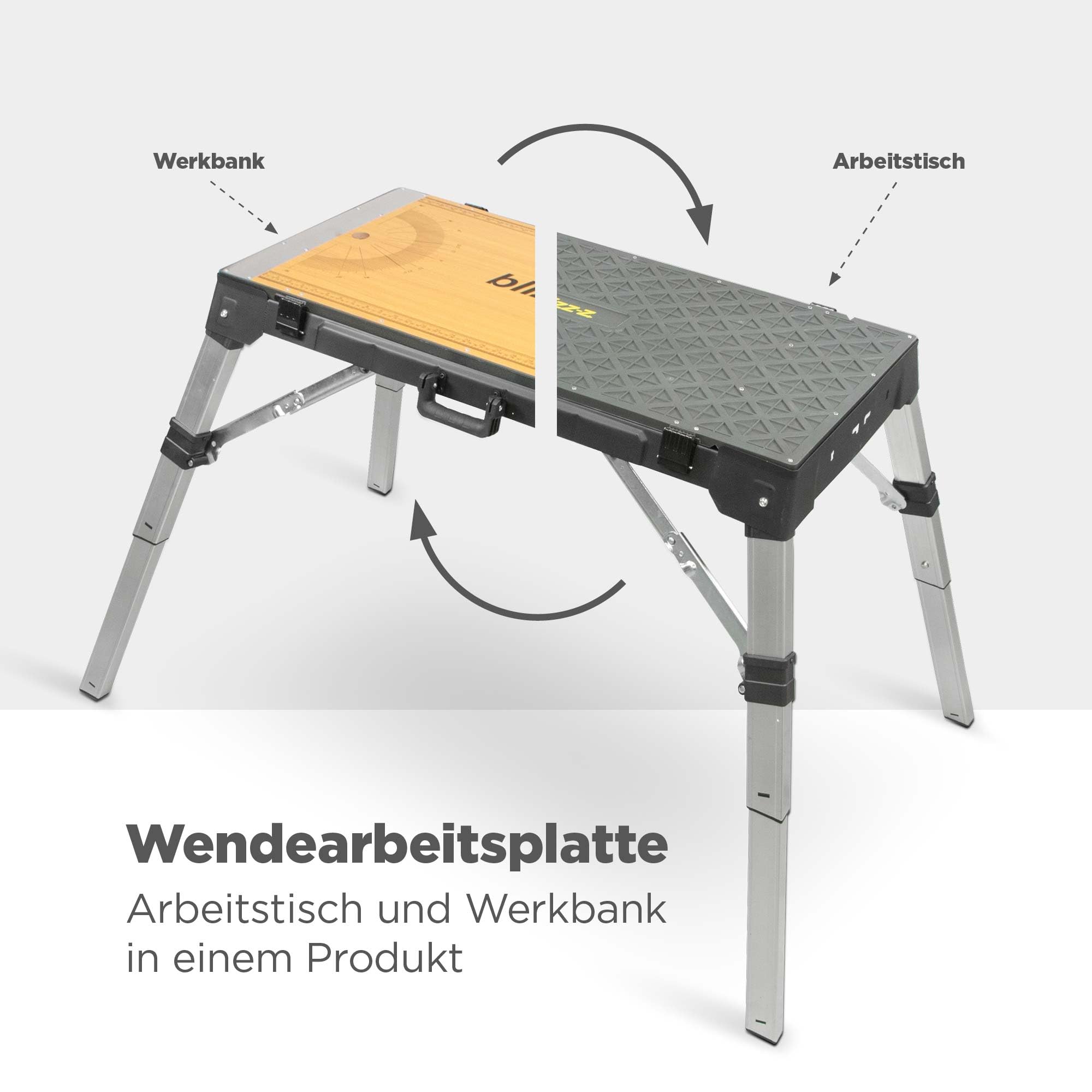 blizz-z 4-in-1 Multifunktions Arbeitstisch Maße 98 x 52 cm | verstellbar klappbar tragbar | universell als Werkbank, Transportroller & Werktisch einsetzbar | für komfortables rückenschonendes Arbeiten