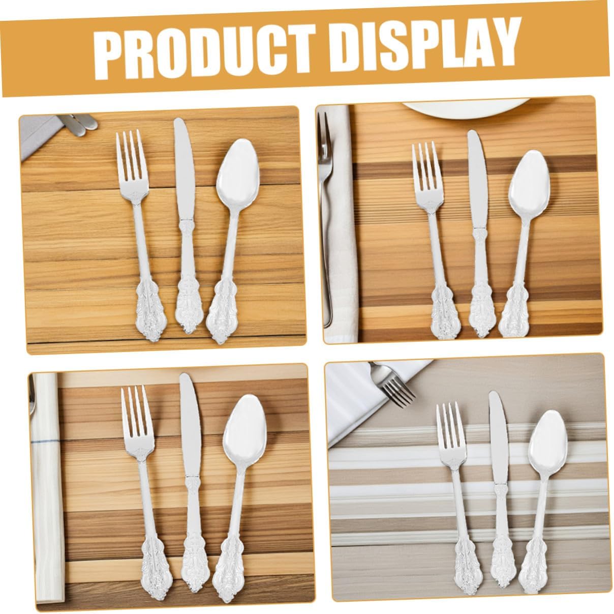 Disposable Tableware Set 24 Pieces Silver Floral Pattern Cutlery Including Forks Knives Spoons, Plastic Portable Eating Utensils for Parties Picnics and Buffets
