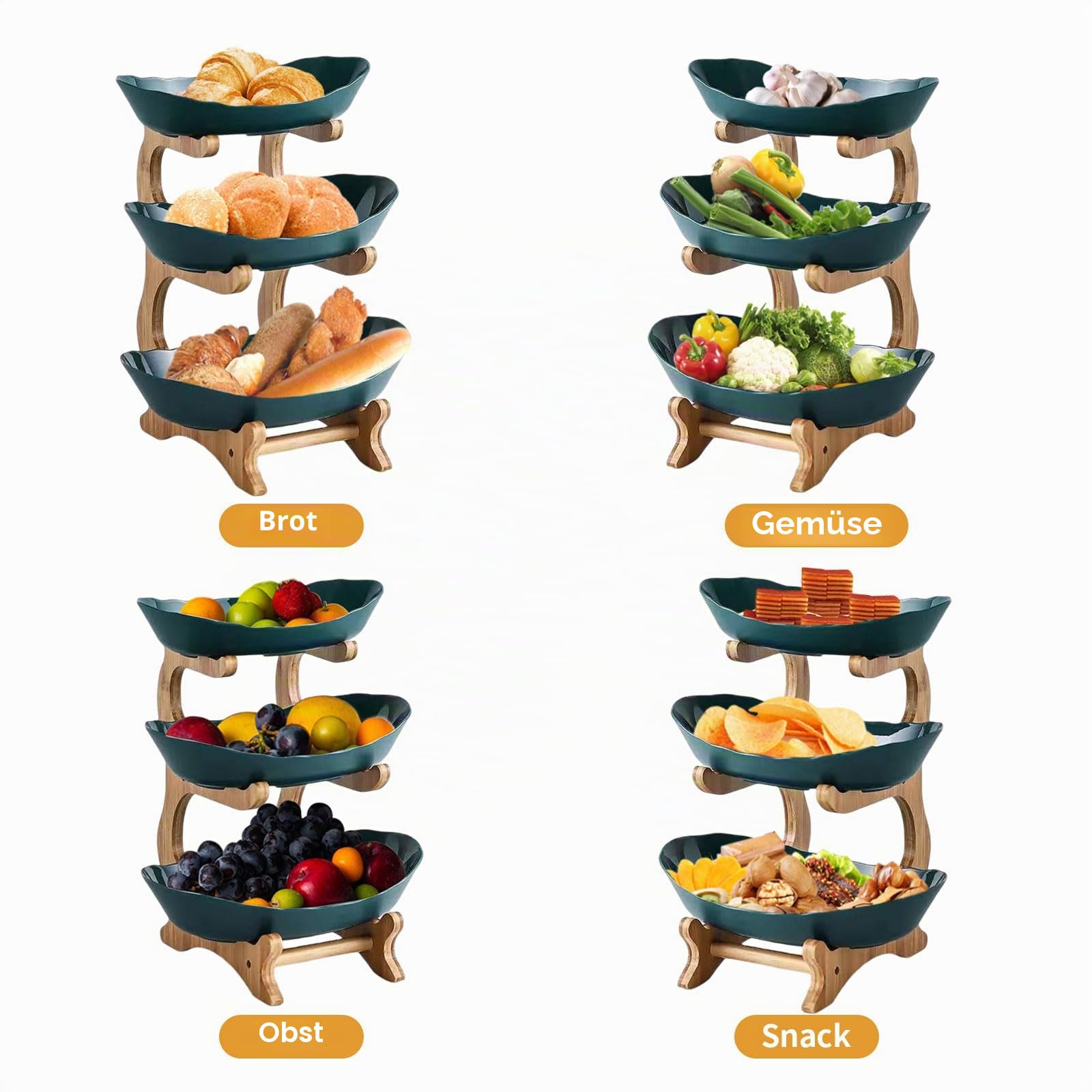 Fruchtkuchen Stehen, Plastik Obst Etagere mit 3 Etagen Platzsparendes Obstkorb Etagere für die Familie Obstschale Modern für Küchendekoration Gemüse Obst Snacks (Dunkelgrün, 3 Schichten)