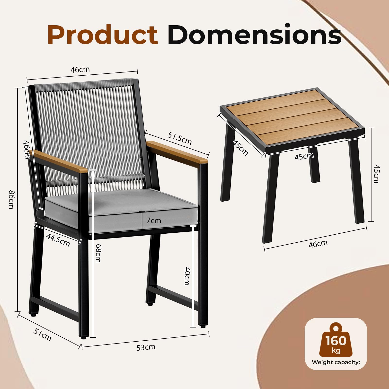LIFERUN 3 teilig Gartenmöbel-Set aus Rattan, Gartenmöbelgruppe, 2 Gartenstuhl Rattan mit Tisch, Bis 160 kg, witterungsbeständig, WPC Armrest, Terrassenmöbelset, für Terrasse, Garten, Veranda, Grau
