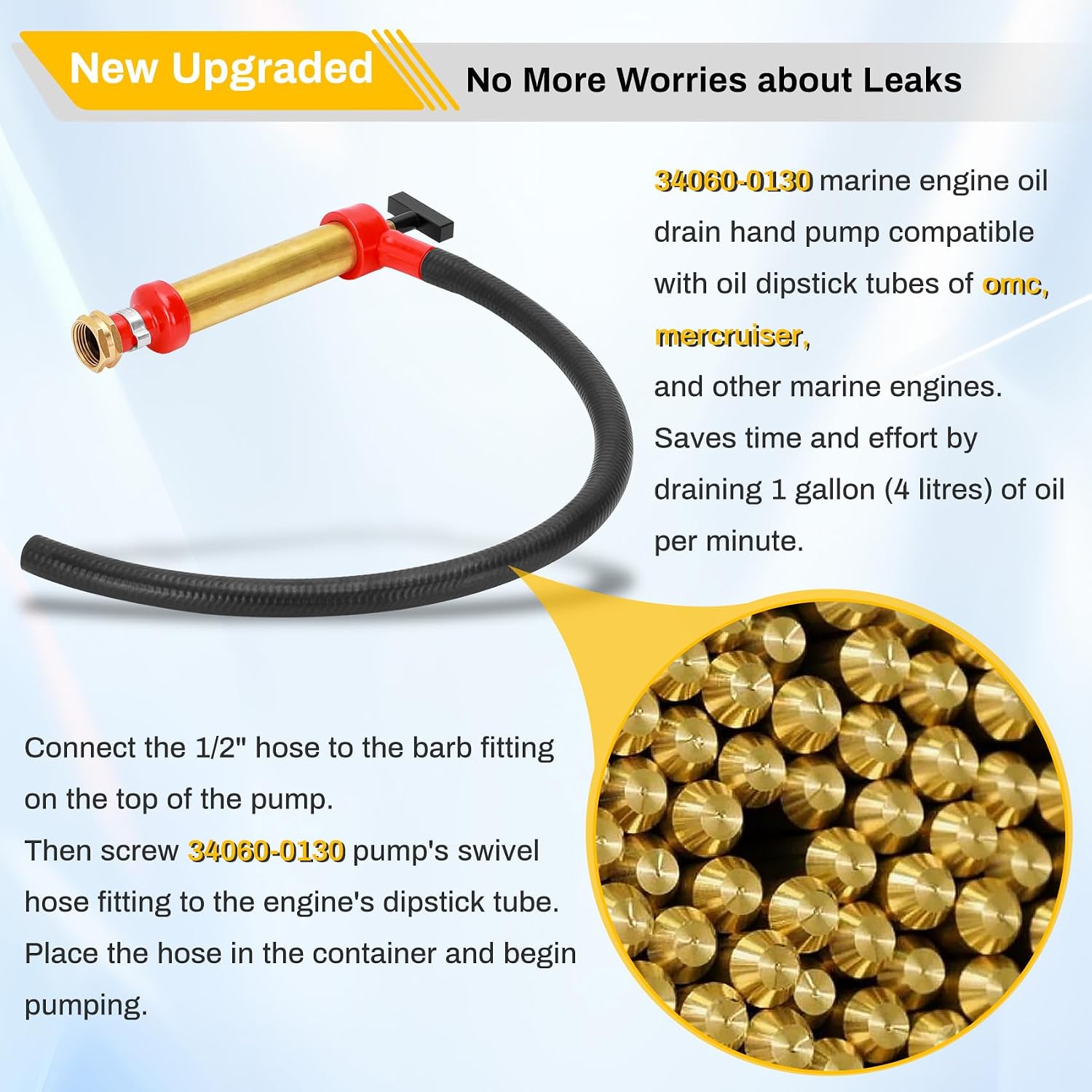Upgraded 34060-0130 Marine Engine Oil Drain Hand Pump Compatible with omc and mercruiser, Brass (10.25" Long, 1.25" Diameter, 1 Gallon/Minute Output) Replace 802889A1 802889Q1