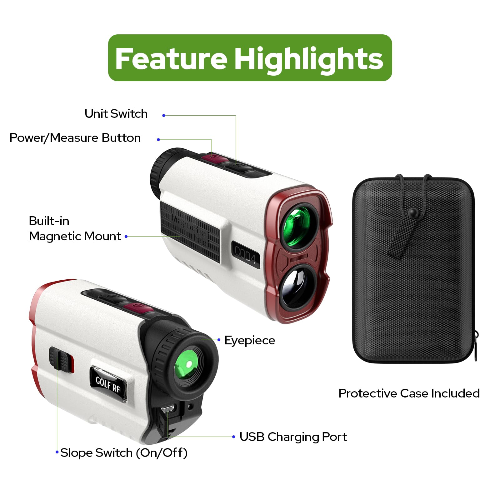 Télémètre de golf avec pente, télémètre laser de 1 200 m avec vibration de verrouillage de poteau de drapeau de haute précision, grossissement 7x, batterie rechargeable