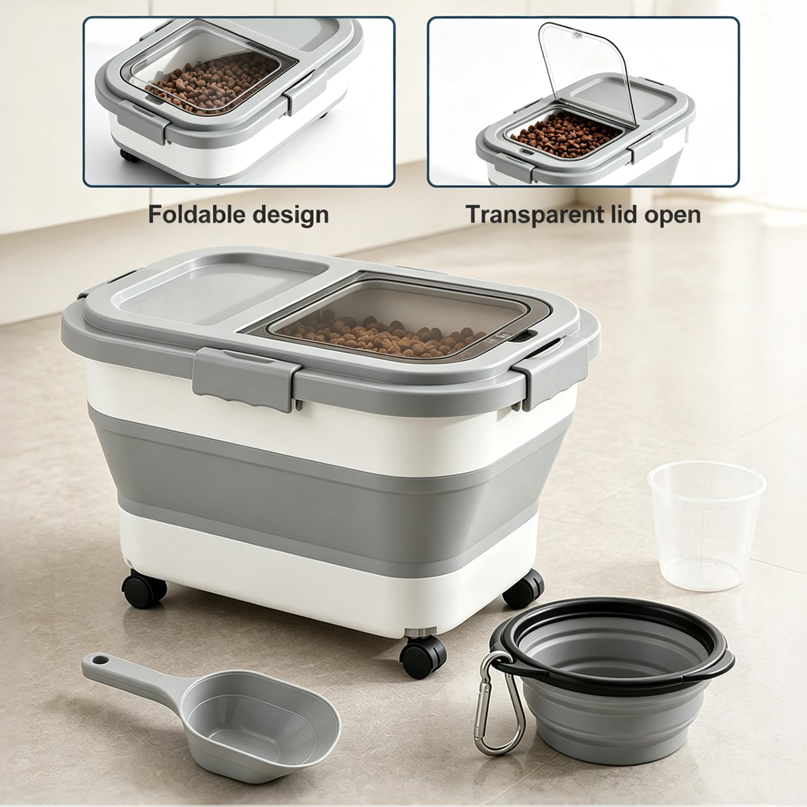 Almacenamiento plegable de comida para perros, 15 kg, contenedor de comida para perros, contenedor de comida para perros, contenedor de comida para animales, con pala, vaso medidor plegable