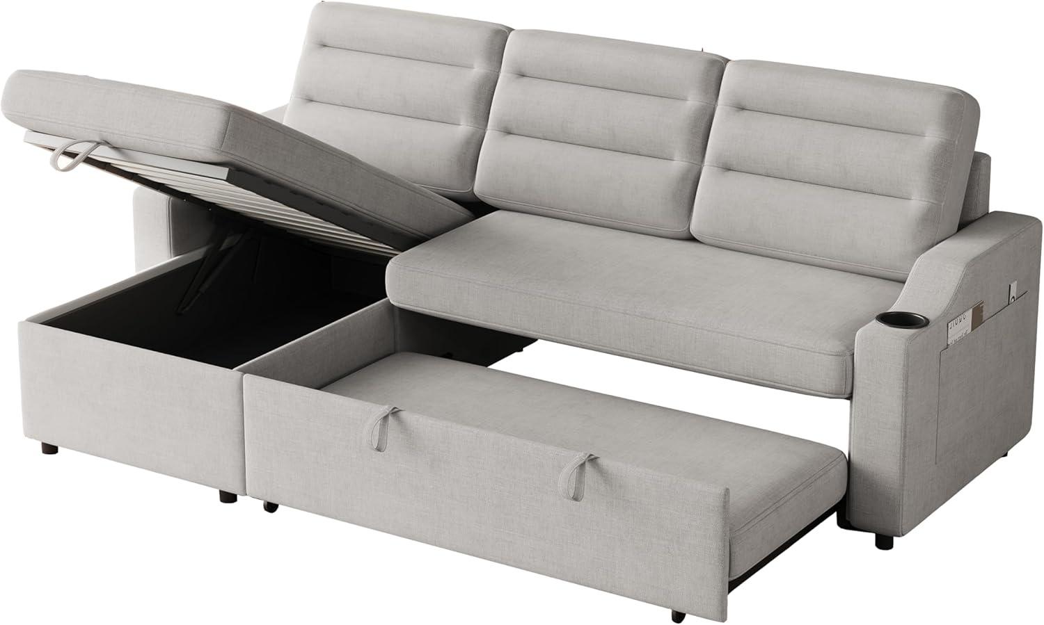 Modern Convertible Sleeper Combo Sofa Bed with Storage, Comfortable Fabric Couch with Recliner and Cup Holder, Light Grey