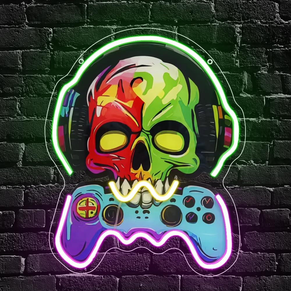 Gaming Neon Schild für Wand Deko, Gamer LED Schädel Kopf mit Kopfhörer Neon Schild für Hintergrund,Spielen Wall Art Decor Geschenk für Schlafzimmer Bar Video Room Party USB Powered（13.4"*11"）