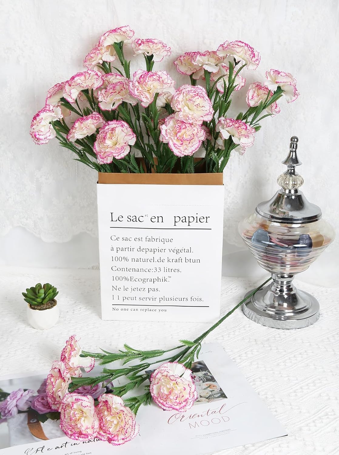 IPOPU 27.56in Carnations Artificial Flowers 6pcs 30 Heads Silk Carnations Flowers with Stems for Wedding Home Table Centerpieces Floral Arrangements Decor(Pink Edge) - Image 4