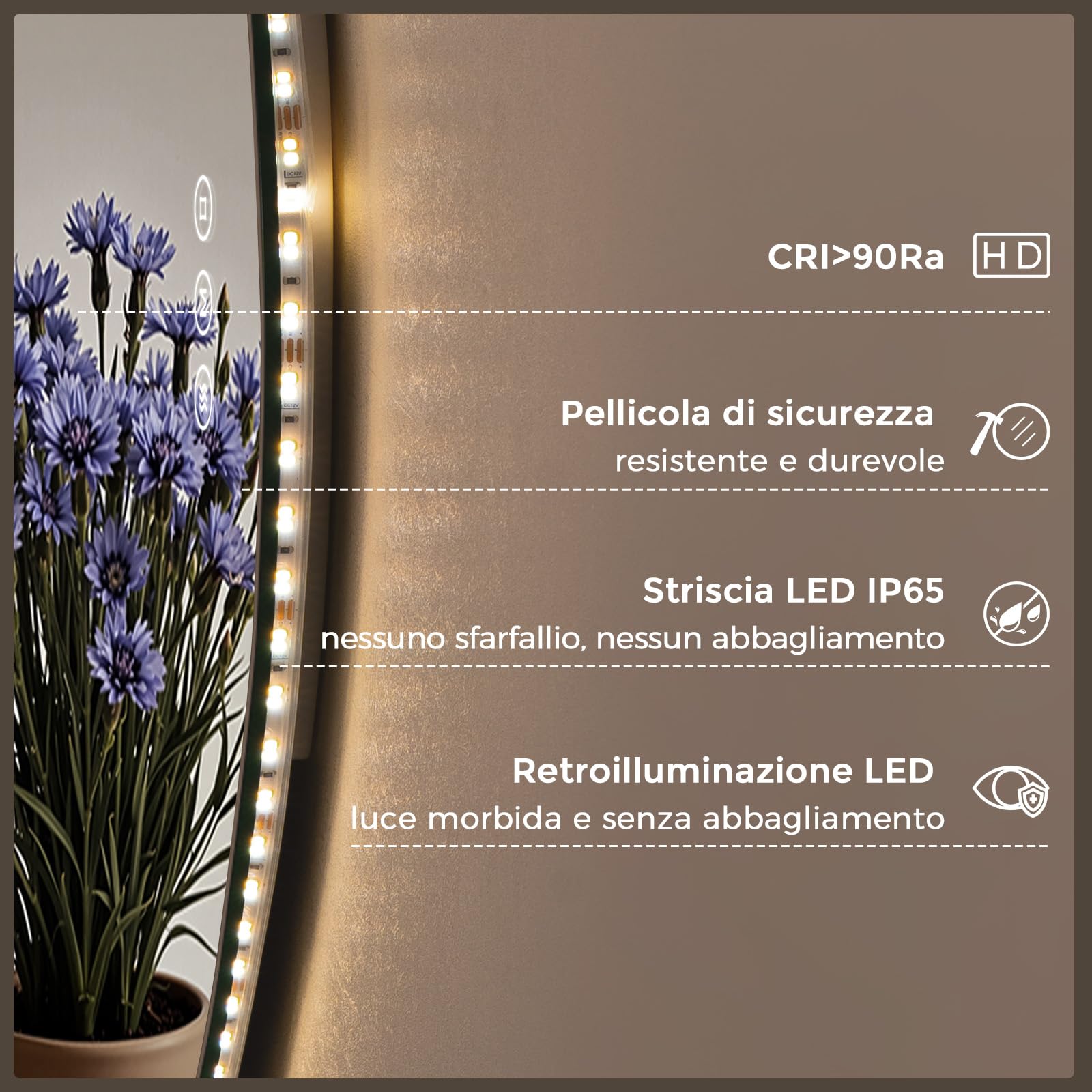 Specchio Bagno LED 60 x 70 cm, Retroilluminato, Senza Cornice