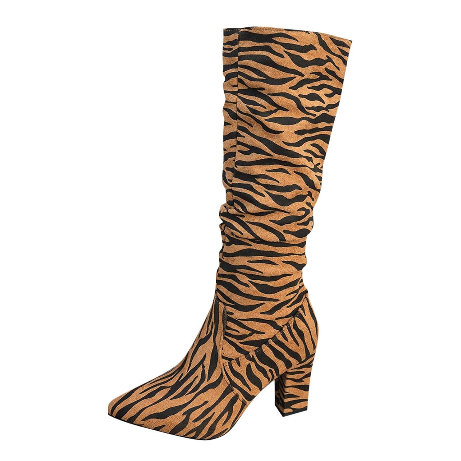 Womens Knee High Boots Zebra Print Suede Boots Pointed Toe Chunky Heel Slouchy Boot for Fall Winter