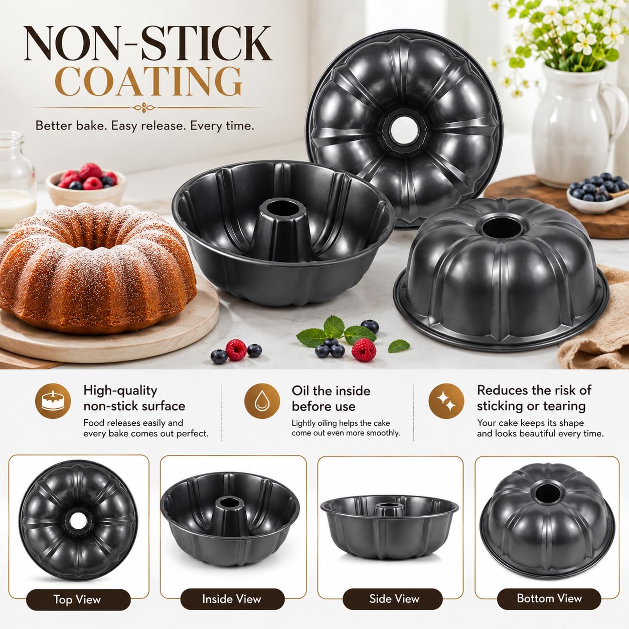 PureBake 8 Inch Bundt Cake Pan - Non-Stick & Durable -2 PureBake 8 Inch Bundt Cake Pan - Non-Stick & Durable -2