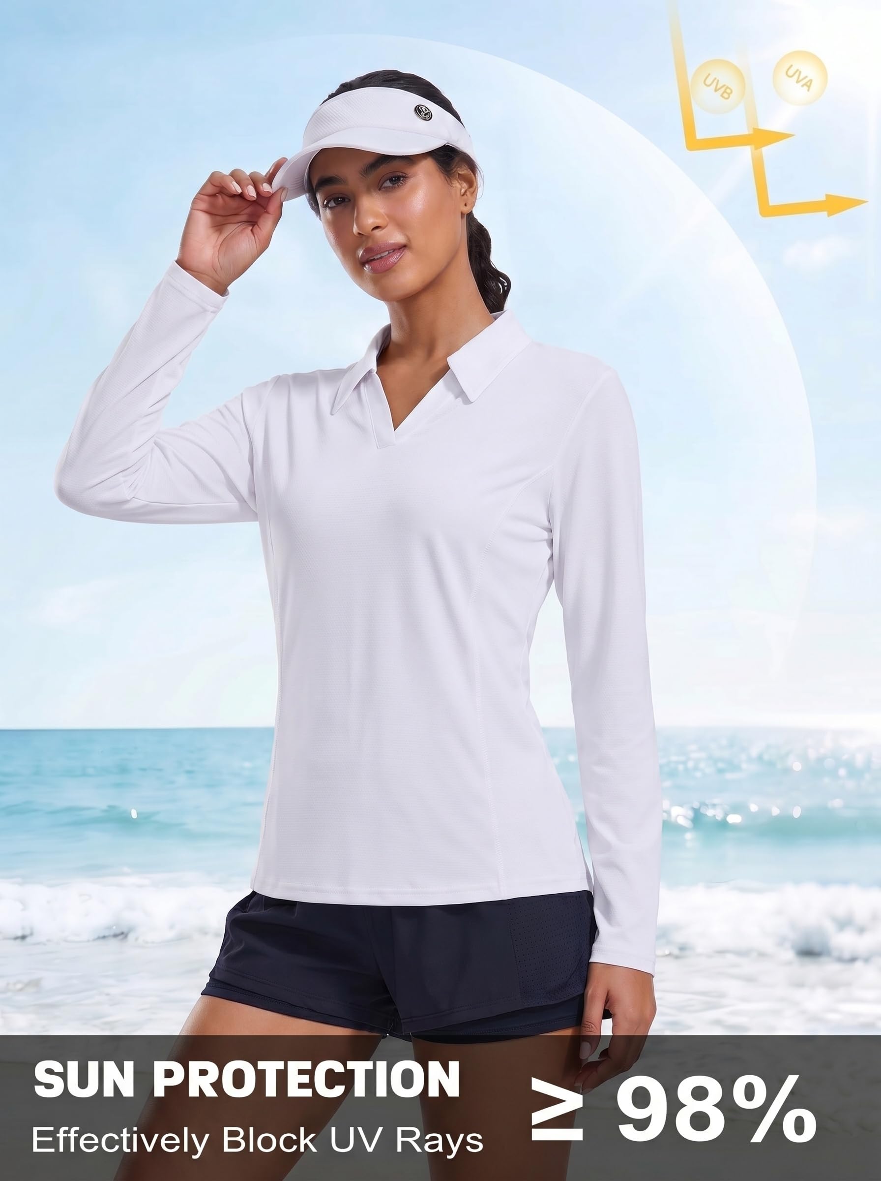 PINSPARK Polo De Manga Larga con Cuello En V para Mujer Protección Solar UPF 50 Secado Rápido Transpirable Ideal para Gimnasio Correr Fitness Golf Senderismo Y Actividades Deportivas