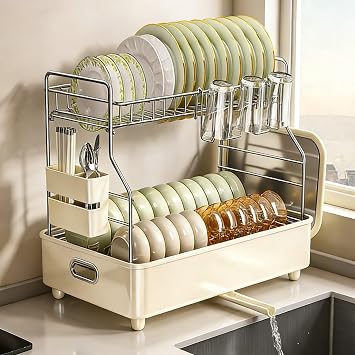 Carbon Steel Double-Layer Dish Drying Rack Multi-Functional Dish Drainer with Cutting Board Holder Suitable for Kitchen Utensil StorageDouble-Layered