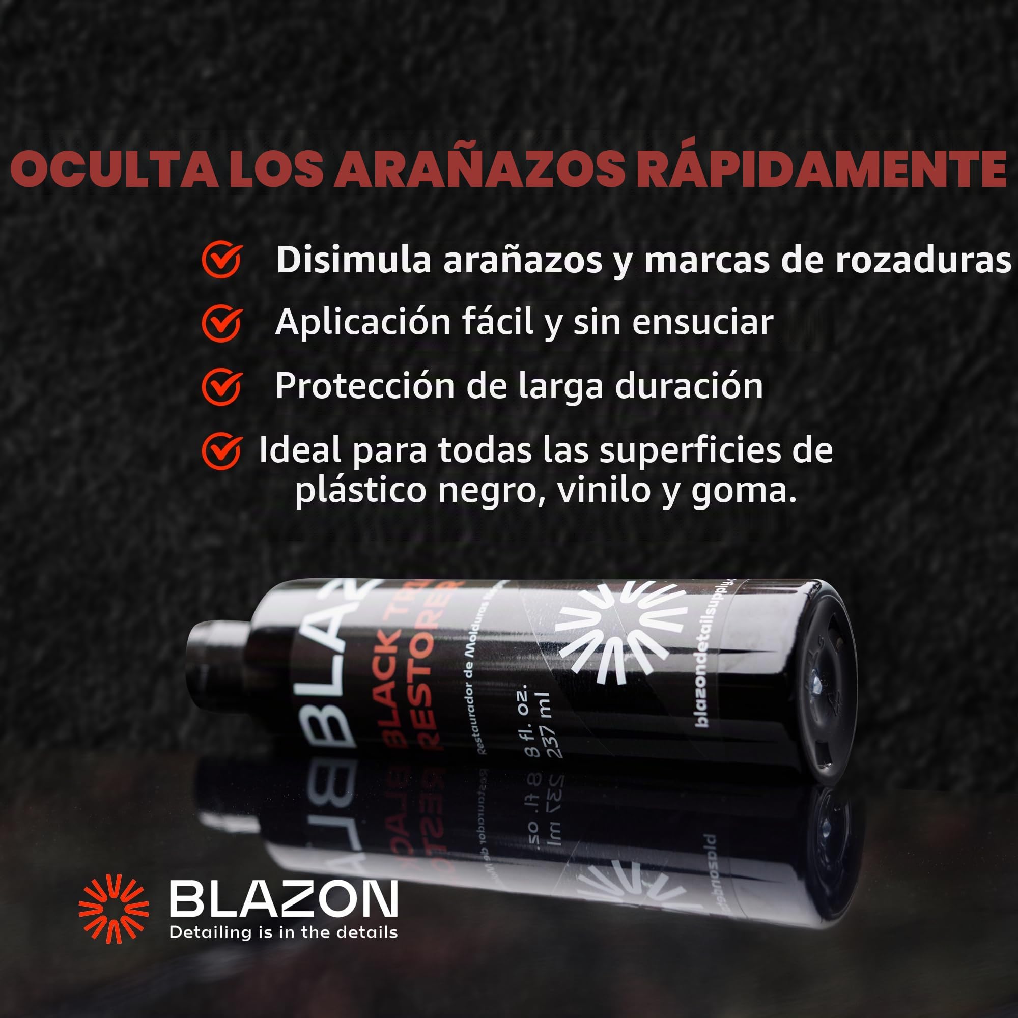 BLAZON Black Trim Restorer - Restaurador de plástico con infusión de tinte para molduras exteriores desteñidas, acabado negro profundo, corrección de arañazos, larga durabilidad y protección UV, 8