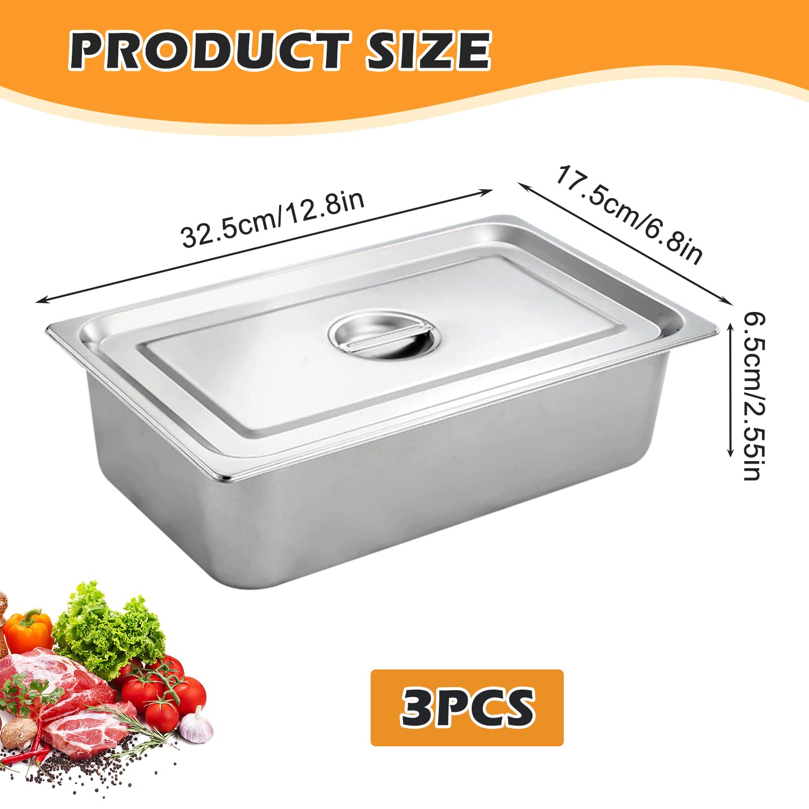 Juego de 3 cuencos para empanar, recipientes de acero inoxidable con tapa, recipiente Gn 1/3, recipiente para ingredientes de acero inoxidable, con tapa, juego de bandeja para cocina, estación de
