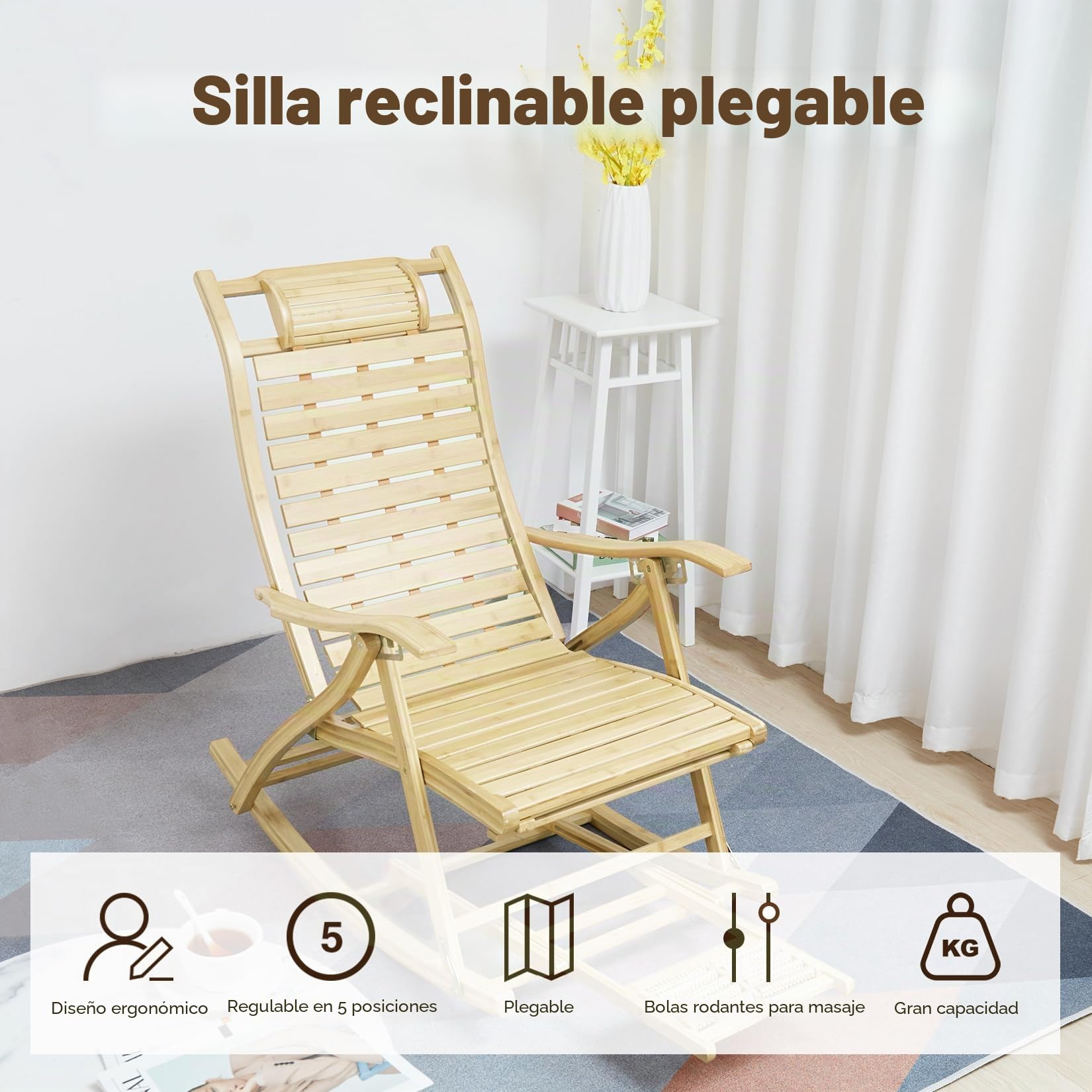 FATIVO Silla Mecedora de Jardín, Silla Tumbona Bambú Sillón Reclinable de Bambú Plegable con Reposapiés y Masaje de Pies 5 Posición Ajustable para Terraza Balcón Jardín Patio