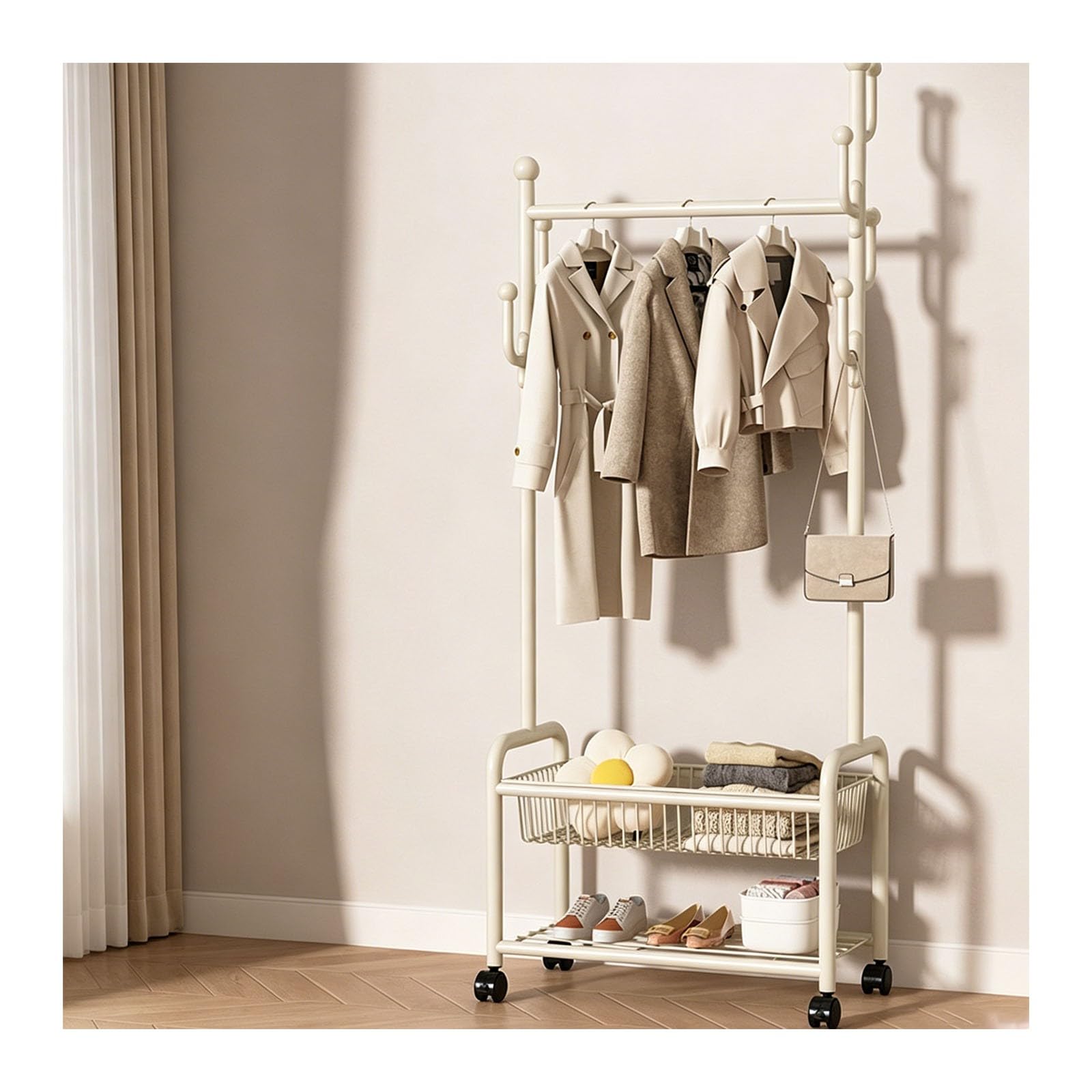 SXDHOCDZ Wooden Clothes Rack with Wheels, Suitable for Bedrooms and Laundry Rooms(white,100cm)