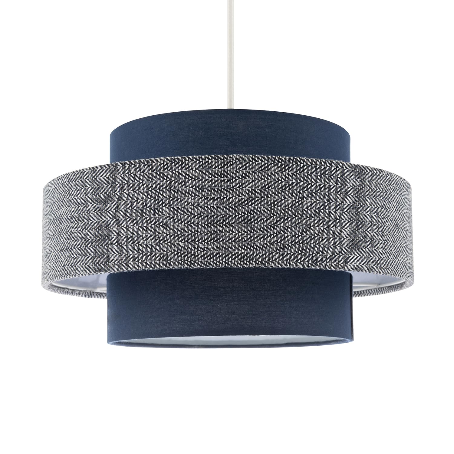 Modern and Sleek Navy Blue Herringbone Linen and Cotton Triple Tier Design Pendant Lamp Shade | 20cm x 30cm by Happy Homewares