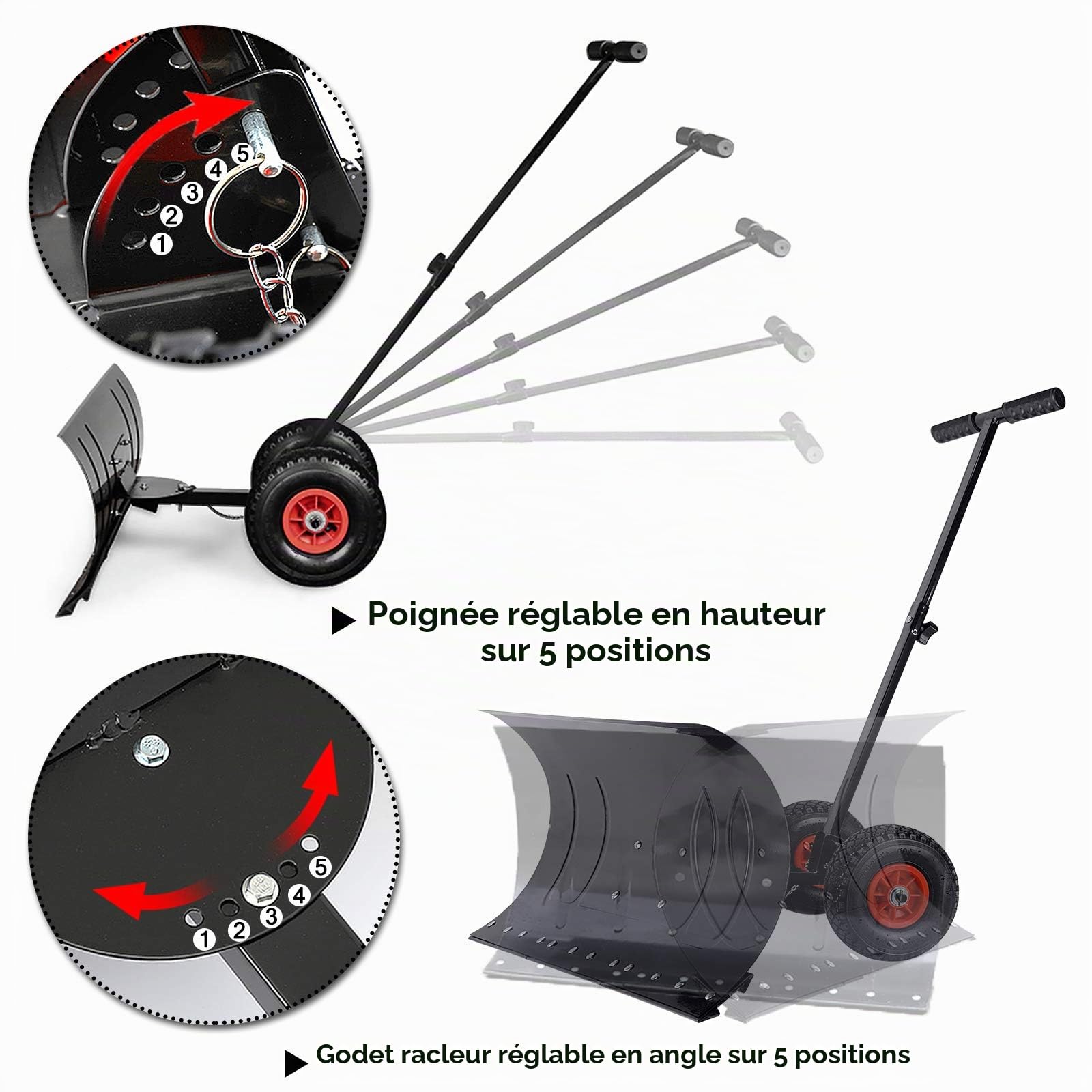 Aufun Pelle à neige avec roues, réglable en hauteur, Déneigement confortable, Pelle à neige métallique préservant le dos, Largeur de travail 75 cm, Hauteur 42 cm