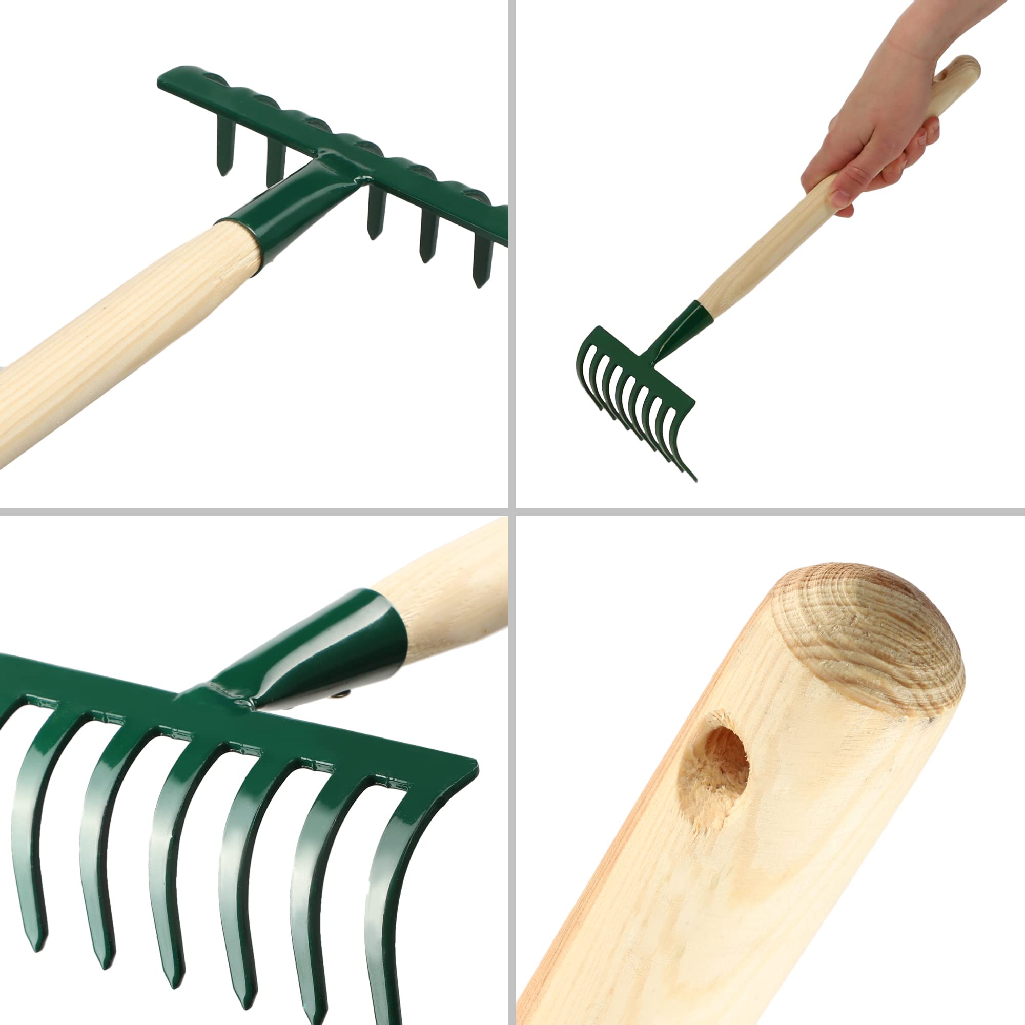 KADAX Petit râteau manuel en métal avec manche court en bois pour le jardinage, râteau de jardin durable pour ameublir le sol et enlever les mauvaises herbes (vert, 8 dents)