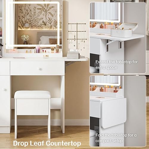 Miniatura 6 de FUXA Vanity Desk with LED Lighted Mirror and Power Outlet, Makeup Vanity Table with Storage Drawers, Cabinet and Chair, Vanity Desk Set for Bedroom,