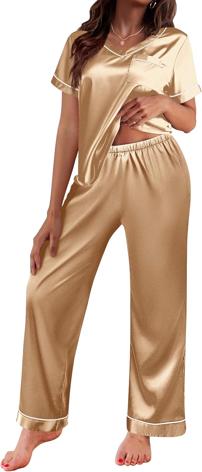 Ekouaer Satin Pajamas for Women Short Sleeve Silk Pajama Sets Soft Sleepwear Top with Causal Long Pj Pant