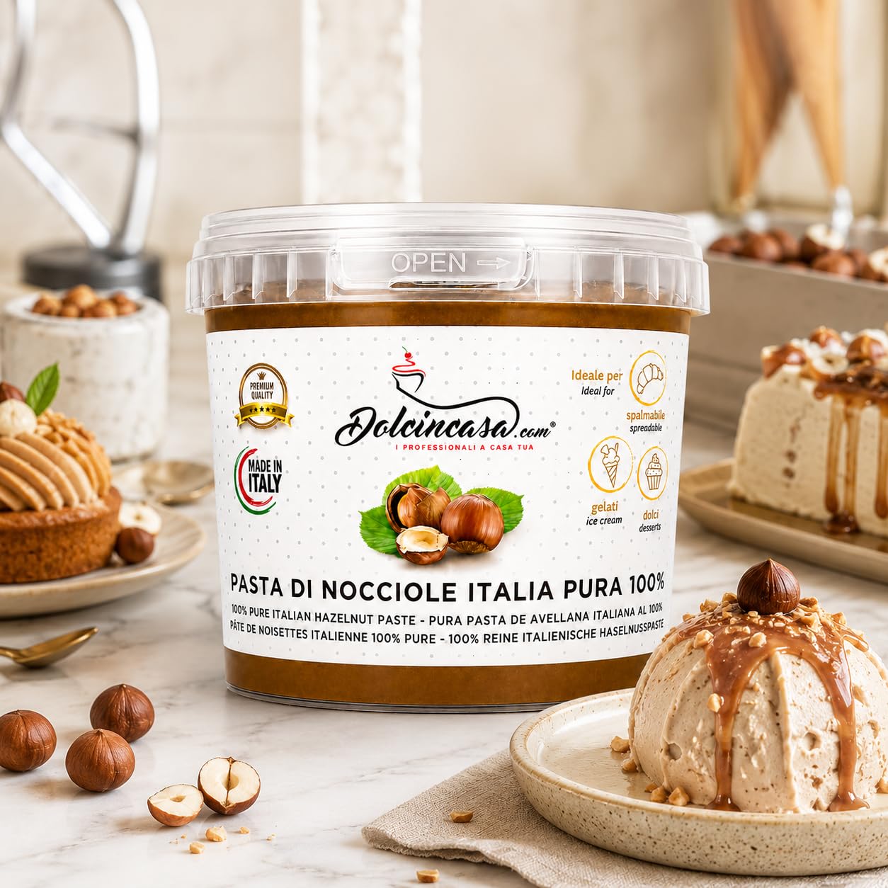 Dolcincasa-com Pâte de Noisettes Torréfiées 100% Pure Crème à Tartiner pour Glace Café et Diverses Utilisations en Confiserie Décorations Remplissages Sans Gluten sans Epaississants 500 Grammes