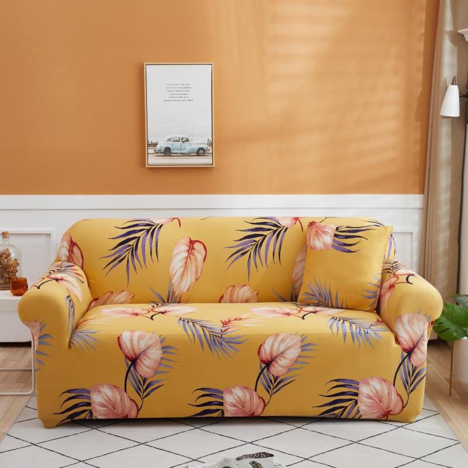 2 Seater Sofa Cover Yellow Tropical Leaves Stretch Sofa Covers Spandex Settee Covers 2 Seater Washable Sofa Protectors from Pets Non Slip Covers for Sofas All Seasons Couch Cover with Elastic Strap