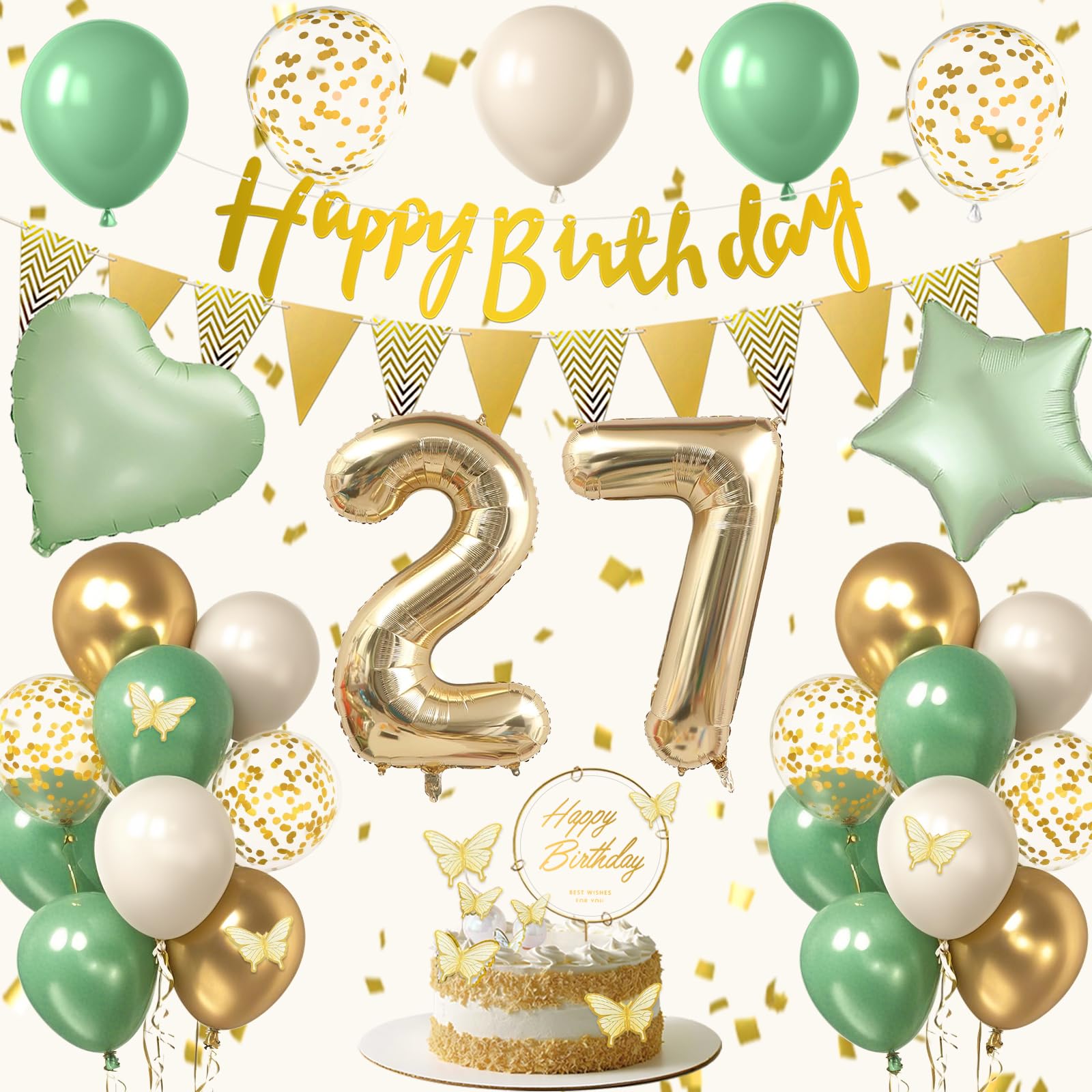 27th Sage Green Birthday Decorations, Boho Green White Gold Balloons Decorations for Girls, Happy 27 Birthday Party Supplies with Happy Birthday