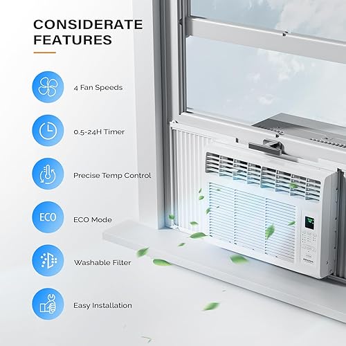 Miniatura 5 de ROVSUN - Aire acondicionado para ventana, ahorro de energía, con control remoto y función de temporizador, 110 V60 Hz, color blanco
