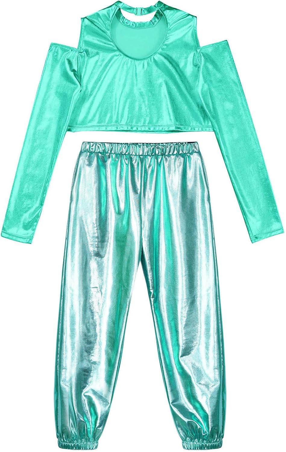 ACSUSS Girls Tracksuit Set Shiny Long Sleeve Sports Crop Top with Jogger Pants Set for Gymnastics Workout Dance Wear