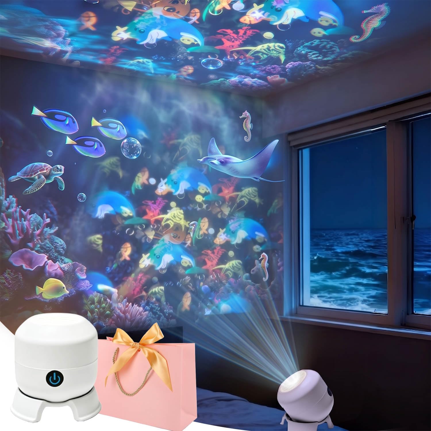 Dynamic Rotating LED Projector Light, 3-in-1 Ocean Snowflake & Starry Effect, Rechargeable Atmosphere Lamp with Adjustable Brightness & 360° Spin, Portable Mood Light for Bedroom, Party，1
