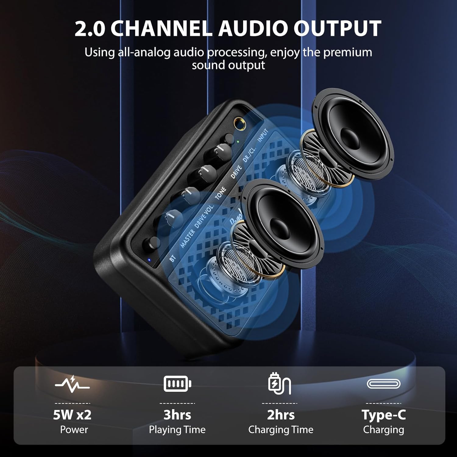 Mini Guitar Amp, 5W Small Portable Electric Guitar Amplifier, Clean & Drive Effects 2 Channels, Rechargeable Bluetooth Speaker with Headphone Jack, for Daily Practice (Black) - Image 4