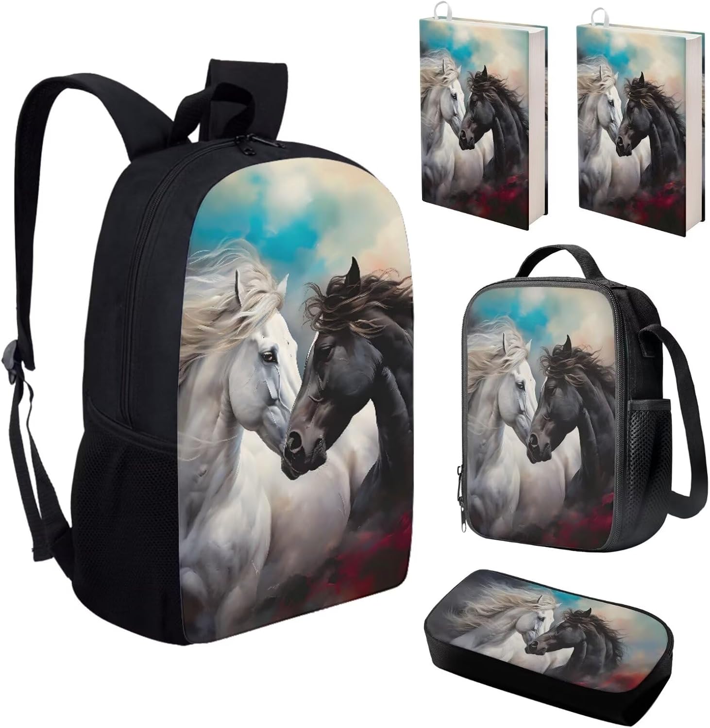 BIGCARJOB Animal Horse Backpack for Kids Children School Bags with Lunch Box And Pencil Case Book Cover Set of 5 Pcs Black White Horse Bookbags for School Boys Girls 8-12 Cute Large Rucksack Daypack