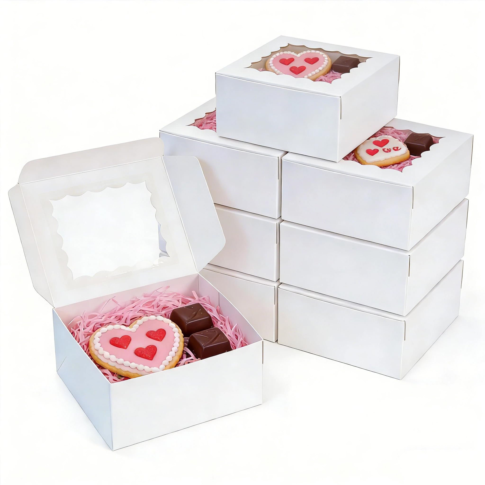 XINHPKGG Lot de 20 boîtes à biscuits de 10,2 x 10,2 x 6,3 cm avec fenêtre, boîte à friandises, boîtes à dessert pour mariage, fête, fête prénatale – Blanc