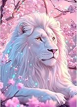 MAXBYE 5D DIY White Lion Diamond Painting Kits, Animal Diamond Painting for Adults, Beginners, Pink Flowers Diamond Art Kits Rhinestone Cross Stitch Crystal Painting for Home Decor 30 x 40 cm