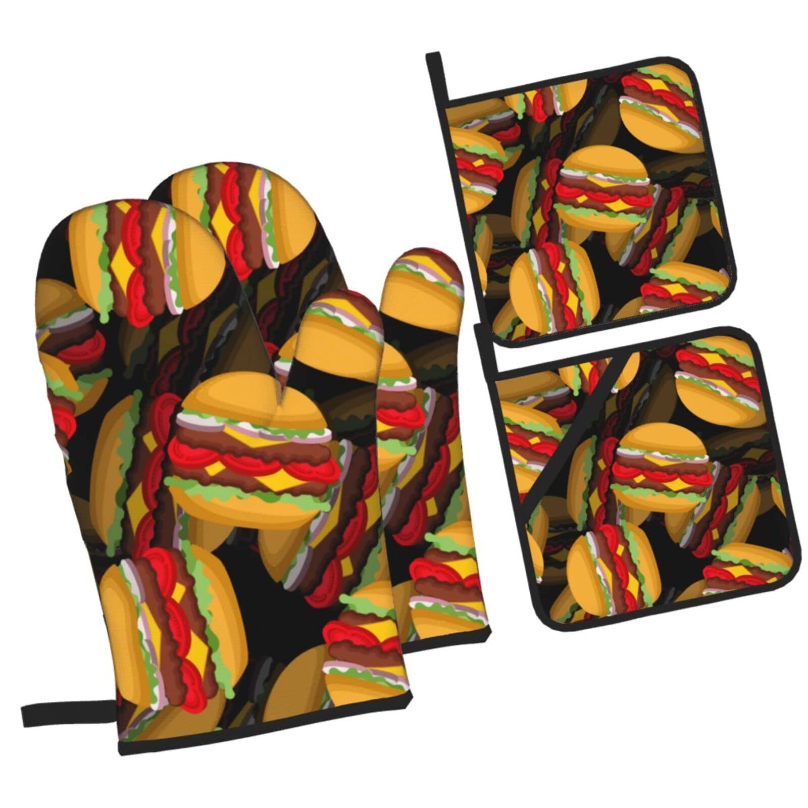 Burger Background Oven Mitts and Pot Holders Sets, Christmas Oven Mitt Kitchen Heat Resistant Non-Slip Pot Holders Set for Cooking Baking BBQ