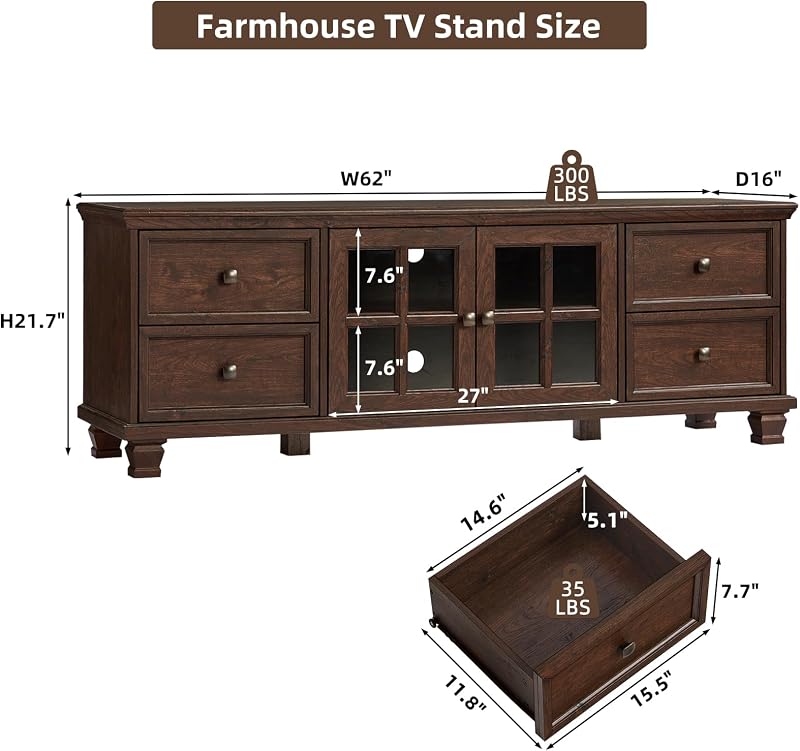 SAVOR LIFE Farmhouse TV Stand with Glass Doors for Living Room, Walnut image 2