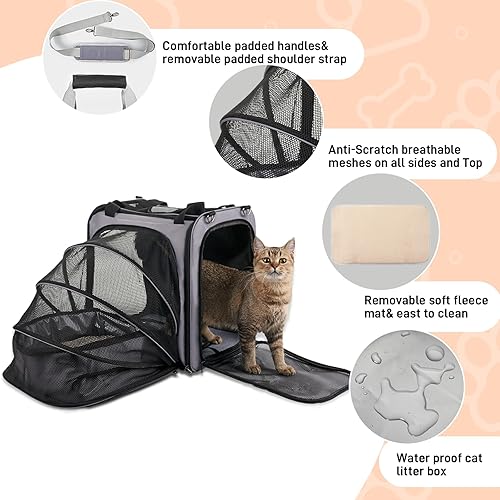 Miniatura 5 de Transportador de viaje grande para gatos con caja de arena para gatos, transportador portátil expandible para gatos con caja de arena plegable a