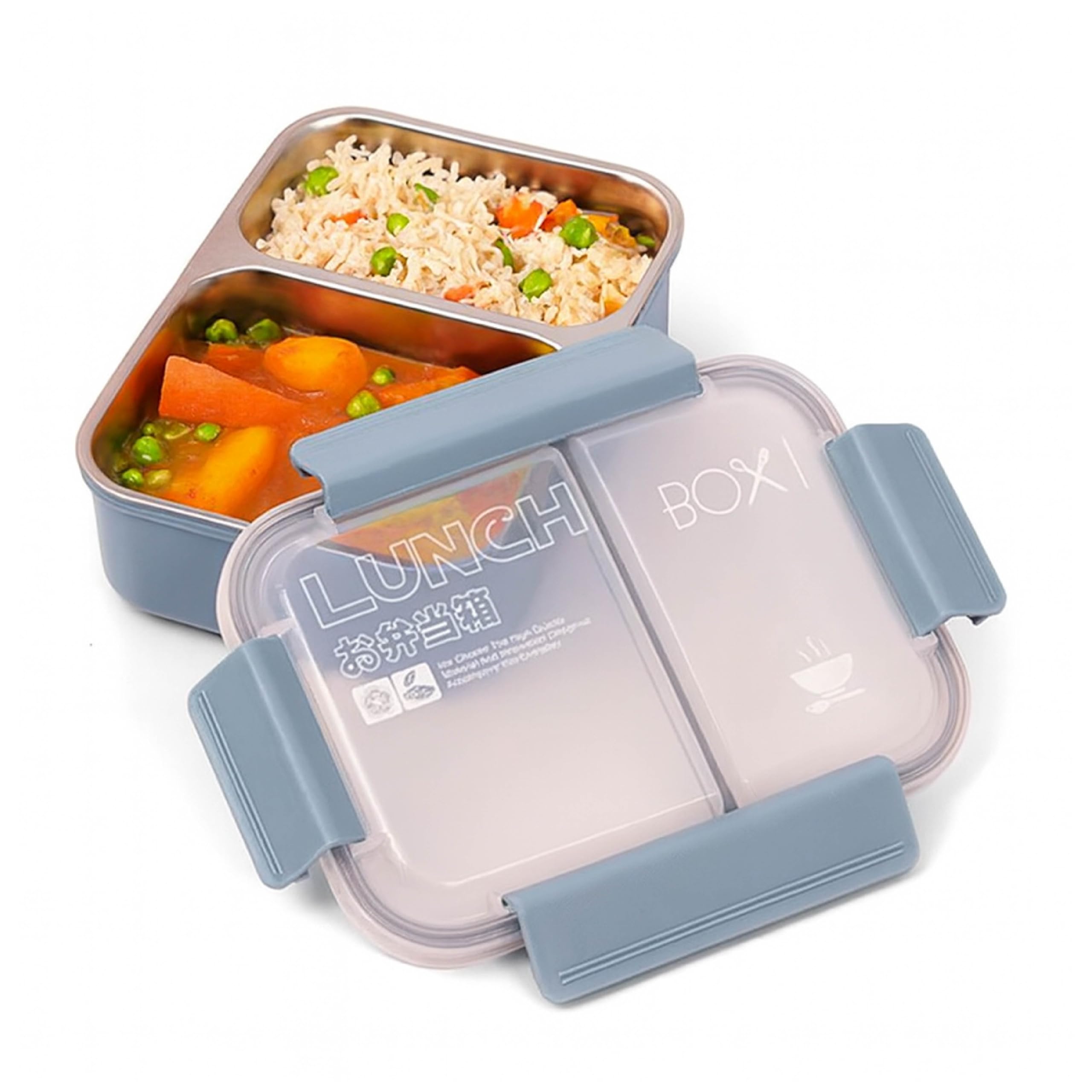 Stainless Steel Bento Lunch Box with 2 Compartments - Insulated, Leak Proof Bento Box for Kids, Adults – Airtight Tiffin Lunchbox for Office, School (BLUE)