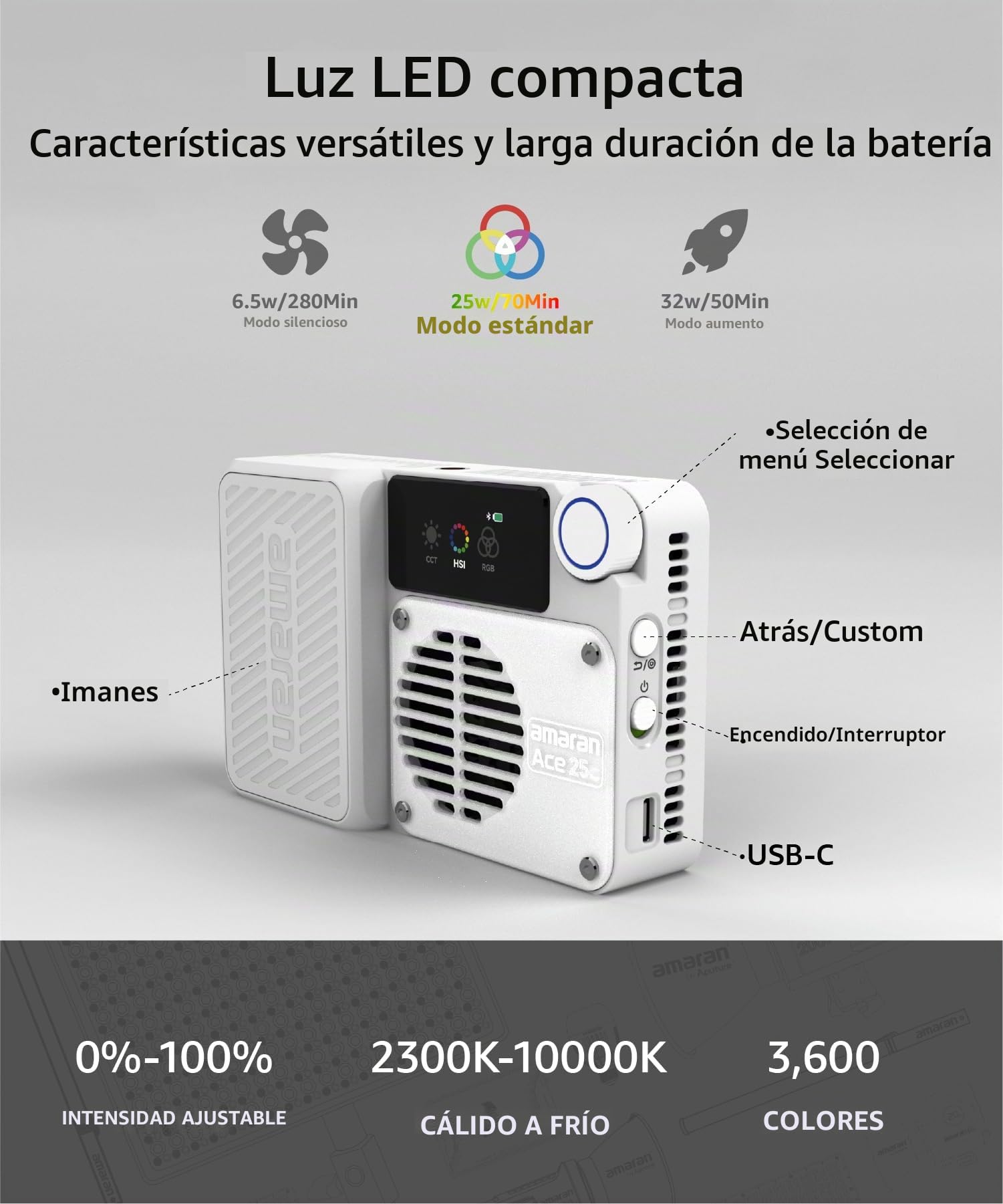 Amaran Ace 25c Luz LED RGBWW de Colores Completos, 32W Luz de Vídeo On-Camera, 2300K-10000K, 5908 Lux @ 0,5m, Carga Rápida USB-C, Montaje Magnético, Control Inalámbrico con la App amaran - Charcoal