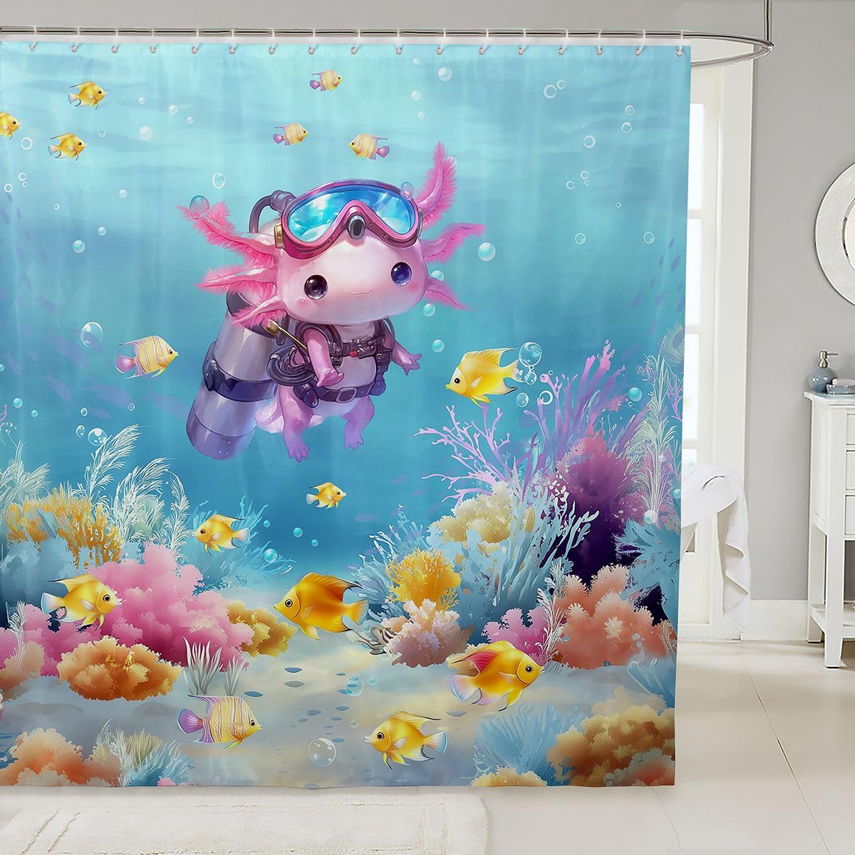 Homemissing Cute Axolotl Shower Curtain 180x180cm Diving Salamander Bath Curtain for Bathroom Decor Fish Coral Bathroom Accessories Ocean Sealife