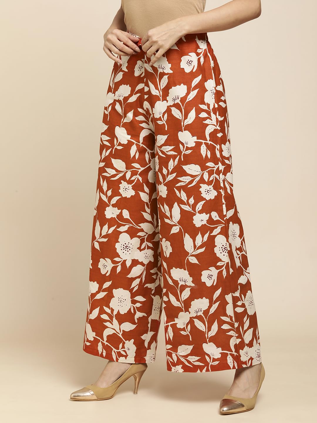 RATAN Women's Cotton Mid Rise Printed Loose Fit Flared Wide Leg Palazzo Pants (CFP-Rust-Large) - Image 6 thumbnail