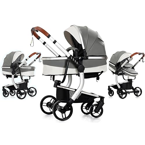 Miniatura 21 de Nine point nine Cochecito de bebé 2 en 1 de piel sintética, cochecito convertible reversible plegable con un solo clic, cochecitos de viaje para 2