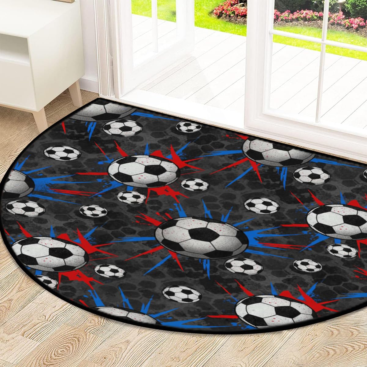 Große halbrunde Fußmatte, Fußball, Sport, rutschfest, saugfähig, halbrund, Eingangsbereich, niedlich, weich, halbrund, waschbar, Teppich für Küche, Badezimmer, Schlafzimmer, 160 x 100 cm
